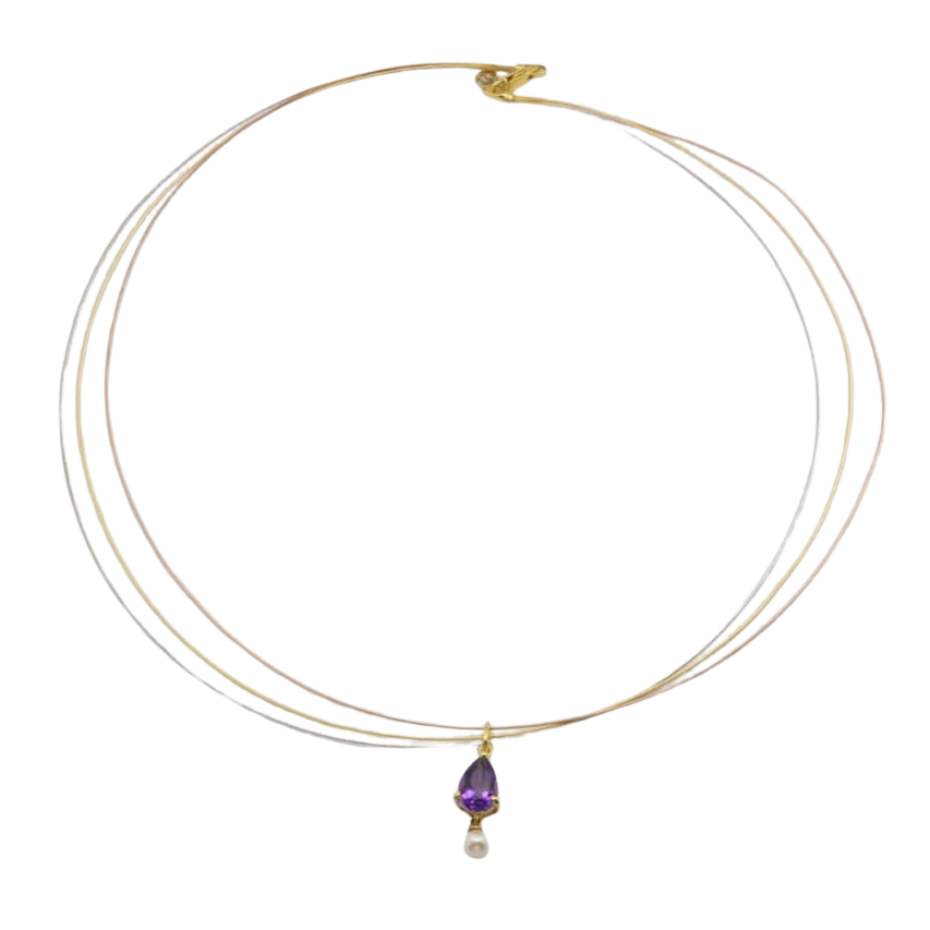 Elegant Trio-Tone Silver 92.5 Necklace with Sparkling Amethyst & Akoya Pearl